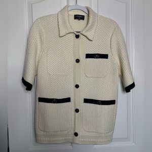 EUC Chanel Ivory Midweight Knit Short Sleeve Jacket with Black Trim size 34